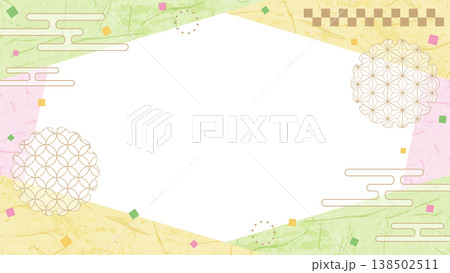 和風のデザインフレーム、和紙、紙吹雪、和柄のデコレーション、背景、16:9サイズ 138502511