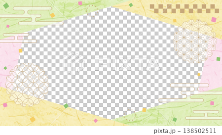 和風のデザインフレーム、和紙、紙吹雪、和柄のデコレーション、背景、16:9サイズ 138502511