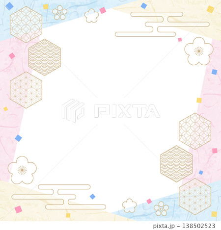 和風のデザインフレーム、和紙、紙吹雪、和柄のデコレーション、背景、正方形サイズ 138502523