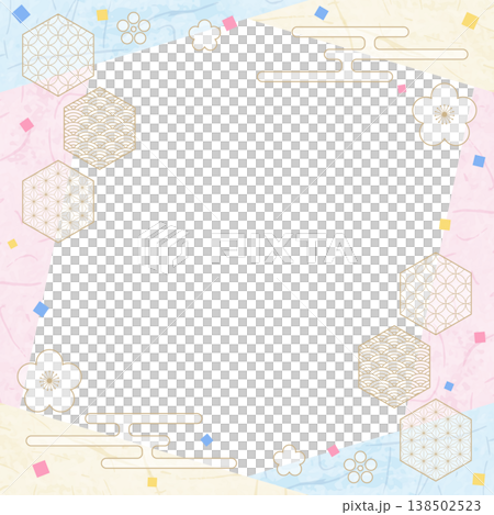 和風のデザインフレーム、和紙、紙吹雪、和柄のデコレーション、背景、正方形サイズ 138502523