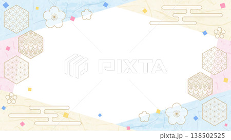 和風のデザインフレーム、和紙、紙吹雪、和柄のデコレーション、背景、16:9サイズ 138502525