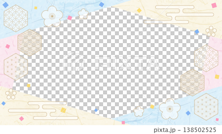 和風のデザインフレーム、和紙、紙吹雪、和柄のデコレーション、背景、16:9サイズ 138502525