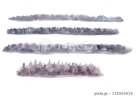 A set of images of distant forests. Isolated watercolor illustrations for websites about nature, ecology, gardening, landscape design, as well as educational and children's books. A set of images of distant forests. Isolated watercolor illustrations for websites about nature, ecology, gardening, landscape design, as well as educational and children's books. 138503419