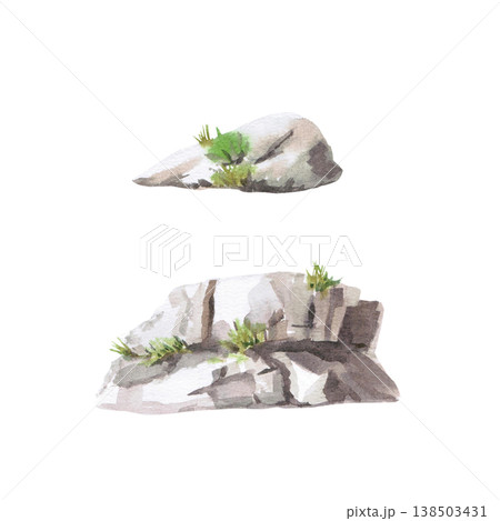 A set of two large stones. Isolated watercolor illustration for websites about nature, ecology, gardening, landscape design, healthy lifestyle, as well as educational and children's books. 138503431