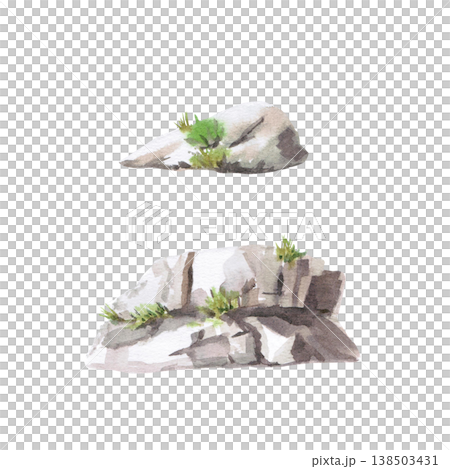 A set of two large stones. Isolated watercolor illustration for websites about nature, ecology, gardening, landscape design, healthy lifestyle, as well as educational and children's books. 138503431
