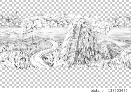 A seamless border of a field with a road, a haystack, and a forest. Isolated pencil illustration for farm branding, country-style websites, and designs for companies with a rustic aesthetic. A seamless border of a field with a road, a haystack, and a forest. Isolated pencil illustration for farm branding, country-style websites, and designs for companies with a rustic aesthetic. 138503455