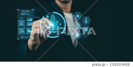 Business professional interacting with futuristic holographic interface showing data analytics, environmental monitoring, and technology innovation concepts Business professional interacting with futuristic holographic interface showing data analytics, environmental monitoring, and technology innovation concepts 138503488