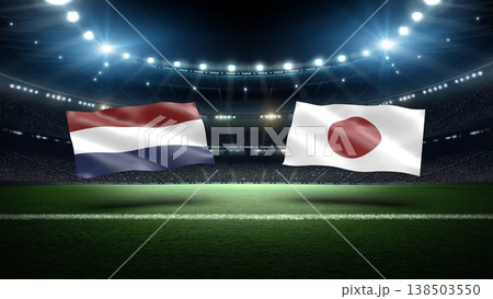 Netherlands and Japan flags on soccer stadium field. 138503550