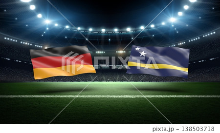 Germany and Curacao flags on soccer stadium field. Germany and Curacao flags on soccer stadium field. 138503718
