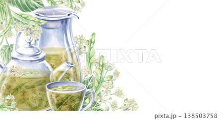 A rectangular frame with a blossoming linden tree, a pitcher, a teapot, and a cup of linden tea. Isolated watercolor illustration for the design of pharmaceutical, cosmetic, and eco-friendly products. 138503758