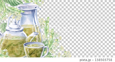 A rectangular frame with a blossoming linden tree, a pitcher, a teapot, and a cup of linden tea. Isolated watercolor illustration for the design of pharmaceutical, cosmetic, and eco-friendly products. 138503758