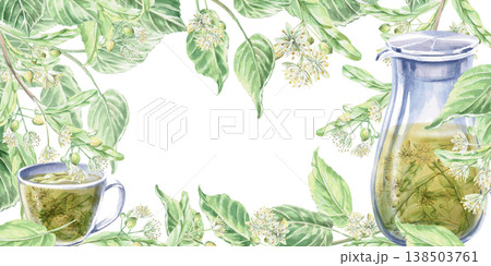 A rectangular frame with a blossoming linden tree, a pitcher, and a cup of linden tea. Isolated watercolor illustration for pharmaceutical, cosmetic, organic, beverage, and food product designs. A rectangular frame with a blossoming linden tree, a pitcher, and a cup of linden tea. Isolated watercolor illustration for pharmaceutical, cosmetic, organic, beverage, and food product designs. 138503761
