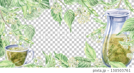 A rectangular frame with a blossoming linden tree, a pitcher, and a cup of linden tea. Isolated watercolor illustration for pharmaceutical, cosmetic, organic, beverage, and food product designs. A rectangular frame with a blossoming linden tree, a pitcher, and a cup of linden tea. Isolated watercolor illustration for pharmaceutical, cosmetic, organic, beverage, and food product designs. 138503761