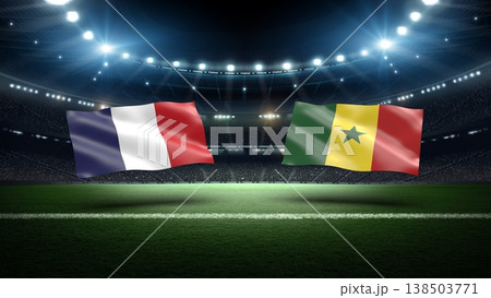 France and Senegal flags on soccer stadium field. France and Senegal flags on soccer stadium field. 138503771