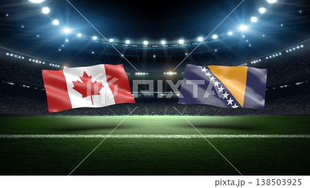 Canada and Bosnia-Herzegovina flags on soccer stadium field. 138503925
