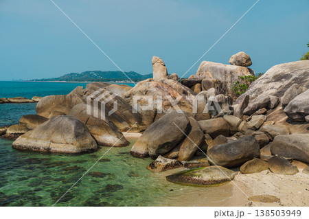 Hin Ta Grandfather Rock coastal formation on Koh Samui with clear turquoise water and smooth granite boulders near Lamai beach 138503949