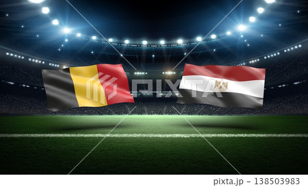Belgium and Egypt flags on soccer stadium field. Belgium and Egypt flags on soccer stadium field. 138503983