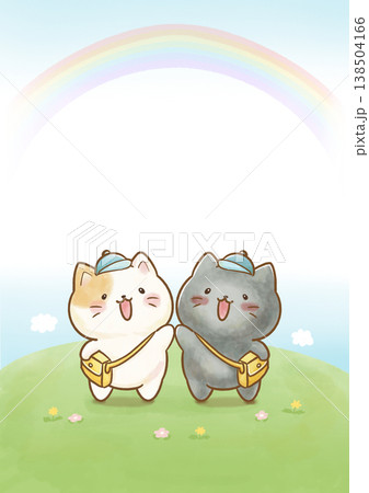 幼稚園・保育園の入園案内・しおり用フレーム　登園する明るく優しい白猫と黒猫　虹と青空の水彩イラスト背 138504166