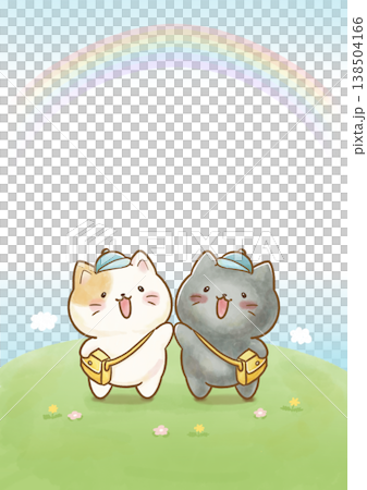幼稚園・保育園の入園案内・しおり用フレーム　登園する明るく優しい白猫と黒猫　虹と青空の水彩イラスト背 138504166