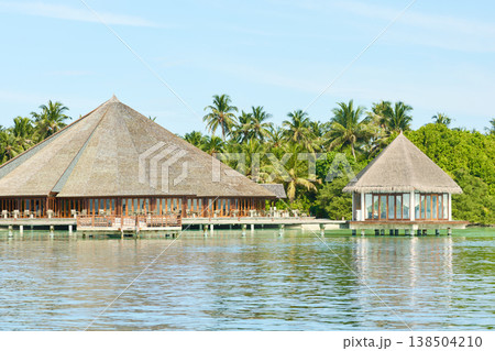 Classic Maldives island landscape on a sunny day, coastal luxury resort buildings, azure water, white sand, palm trees on the shore 138504210