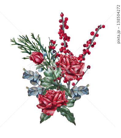 Composition of red roses with greenery, eucalyptus and berries, watercolor illustration in botanical style. for christmas decor, greeting card, floristry, packaging, wedding and festive design. Composition of red roses with greenery, eucalyptus and berries, watercolor illustration in botanical style. for christmas decor, greeting card, floristry, packaging, wedding and festive design. 138504272