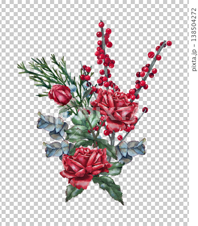 Composition of red roses with greenery, eucalyptus and berries, watercolor illustration in botanical style. for christmas decor, greeting card, floristry, packaging, wedding and festive design. Composition of red roses with greenery, eucalyptus and berries, watercolor illustration in botanical style. for christmas decor, greeting card, floristry, packaging, wedding and festive design. 138504272