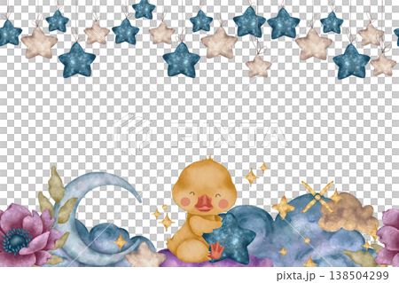 Watercolor frame with duckling, moon, flowers and hanging stars. Soft nursery composition for baby shower cards, posters, room decor and newborn gifts. Watercolor frame with duckling, moon, flowers and hanging stars. Soft nursery composition for baby shower cards, posters, room decor and newborn gifts. 138504299