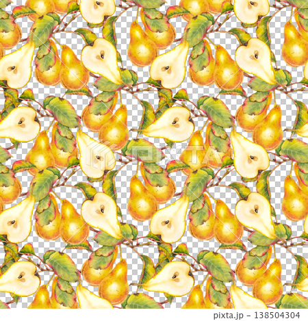 Seamless watercolor pattern with whole and sliced yellow pears on branches with green and red leaves. Illustration for fabric, wallpaper, packaging, kitchen decor, and autumn-themed products. Seamless watercolor pattern with whole and sliced yellow pears on branches with green and red leaves. Illustration for fabric, wallpaper, packaging, kitchen decor, and autumn-themed products. 138504304