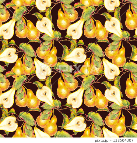 Seamless watercolor pattern with whole and sliced yellow pears on branches with green and red leaves. Illustration for fabric, wallpaper, packaging, kitchen decor, and autumn-themed products. 138504307