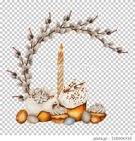 Watercolor illustration of Easter frame with willow wreath, festive cakes, candle and painted eggs. Illustration for greeting cards, invitations, religious stationery and spring holiday design. Watercolor illustration of Easter frame with willow wreath, festive cakes, candle and painted eggs. Illustration for greeting cards, invitations, religious stationery and spring holiday design. 138504310