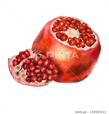 Watercolor illustration of juicy pomegranate and wedge with seeds in realistic style with vivid red hues. for packaging, recipe books, menus, cosmetics, and autumn-themed products. 138504312