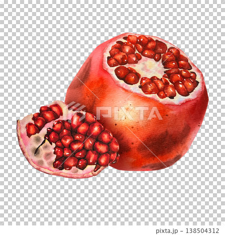 Watercolor illustration of juicy pomegranate and wedge with seeds in realistic style with vivid red hues. for packaging, recipe books, menus, cosmetics, and autumn-themed products. Watercolor illustration of juicy pomegranate and wedge with seeds in realistic style with vivid red hues. for packaging, recipe books, menus, cosmetics, and autumn-themed products. 138504312