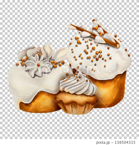 Watercolor illustration of Easter cakes with white icing and small cupcake, beige and golden colors. for Easter packaging, bakery branding, greeting cards, confectionery products and spring decor. Watercolor illustration of Easter cakes with white icing and small cupcake, beige and golden colors. for Easter packaging, bakery branding, greeting cards, confectionery products and spring decor. 138504315