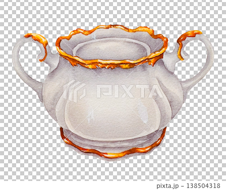 Watercolor illustration of a porcelain sugar bowl with gold trim and twin handles. Illustration for Easter tea table decor, packaging, stationery, branding and festive spring compositions. Watercolor illustration of a porcelain sugar bowl with gold trim and twin handles. Illustration for Easter tea table decor, packaging, stationery, branding and festive spring compositions. 138504318