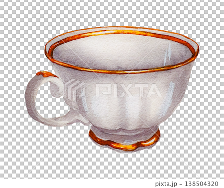 Watercolor illustration of an elegant porcelain teacup with gold trim. Illustration for Easter tea party decor, packaging, stationery, branding and classic spring compositions. Watercolor illustration of an elegant porcelain teacup with gold trim. Illustration for Easter tea party decor, packaging, stationery, branding and classic spring compositions. 138504320