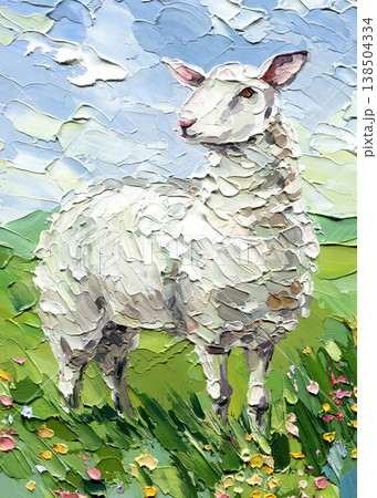 White lamb impasto painting in green meadow with spring wildflowers under a soft blue sky White lamb impasto painting in green meadow with spring wildflowers under a soft blue sky 138504334