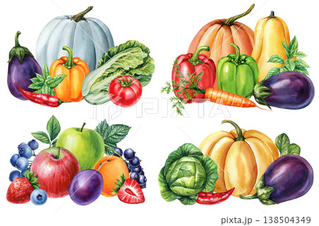 Autumn watercolor clipart set with pumpkins eggplant cabbage peppers lettuce tomato carrot and fresh fruit collection Autumn watercolor clipart set with pumpkins eggplant cabbage peppers lettuce tomato carrot and fresh fruit collection 138504349