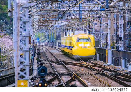 日本の横浜都市景観珍風景＆新風景。桜とコラボ。新横浜駅に到着するドクターイエロー 138504351