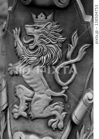 Crowned lion heraldic bas-relief Crowned lion heraldic bas-relief 138504753