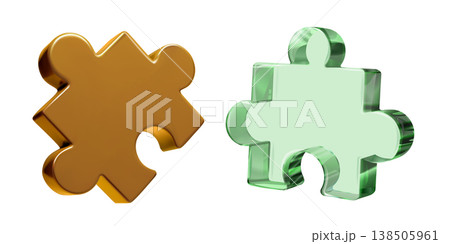 3D puzzle piece on white bg. Transparent green glass and luxury golden icon. Realistic isometric render, part join and jigsaw fragment logic. Complex problem solving by single element isolated search 138505961