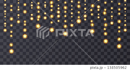 Fairy garland hanging strings. Light bulbs curtain, star festoon header. Christmas decoration png, holiday lamp ball, gold glitter festive pattern. 3d wire wedding ornament, warm bokeh lightbulb frame Fairy garland hanging strings. Light bulbs curtain, star festoon header. Christmas decoration png, holiday lamp ball, gold glitter festive pattern. 3d wire wedding ornament, warm bokeh lightbulb frame 138505962