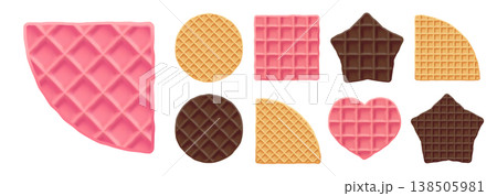 Waffle round biscuit for belgian ice cream, tasty wafer texture icon. Square pink stroopwafel and star chocolate belgium food, pattern background. Isolated cute cookie heart, sweet syrup pancake 3d 138505981