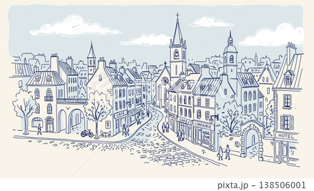 Old European town. Vector hand-drawn illustration. Blue and white color palette Old European town. Vector hand-drawn illustration. Blue and white color palette 138506001