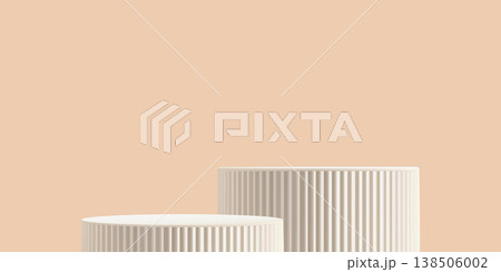 3d podium beige bg, product ramadan platform. Elegant premium white marble pedestal for cosmetic skincare ads. Two level stand in gradient mockup, cylinder empty abstract base. Minimal textured stair 138506002