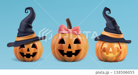 Halloween pumpkin funny character set. 3d vector invitation decor, girl smiling face and black witch hats. Scary happy smile, jack head costume png. Cute black wizard cap or pink bow realistic sticker Halloween pumpkin funny character set. 3d vector invitation decor, girl smiling face and black witch hats. Scary happy smile, jack head costume png. Cute black wizard cap or pink bow realistic sticker 138506055