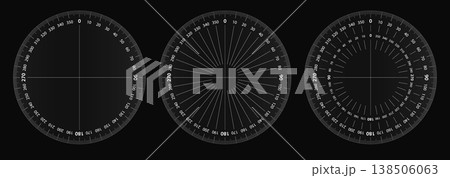 Degree 360 protractor for earthquake radar. Angle ruler focus on ship screen. Scale measure for light satellite, military naval meter. Metric tool face with gps sound alert on compass geometric hud 138506063