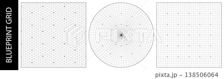 Circle compass grid for isometric square blueprint, gauge print design. Architecture triangle ruler and drawing math. Surface circular grid texture of line degree plan, white bg. Hud pattern overlay 138506064