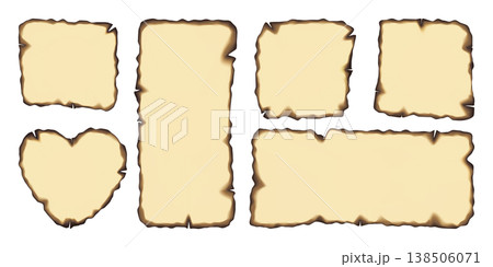 Burnt beige paper with fired edge, corner effect. Flame damaged vector page, old parchment round border with torn black ripped texture. Realistic ash note sheet frame, square heart rectangle piece Burnt beige paper with fired edge, corner effect. Flame damaged vector page, old parchment round border with torn black ripped texture. Realistic ash note sheet frame, square heart rectangle piece 138506071