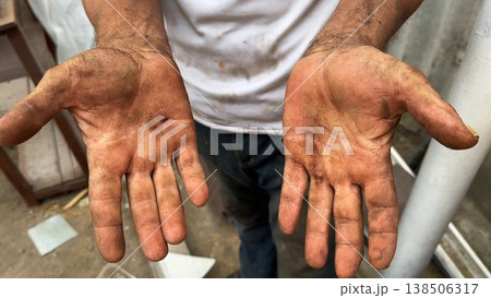 Close up of male dirty hands of adult labor at construction. Repairman rubbing unclean arms after hard work at the site. Concept of exhausting and hard work. Slow motion 138506317