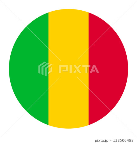 Mali flag in a circular shape, featuring vertical stripes of green, yellow, and red. Mali flag in a circular shape, featuring vertical stripes of green, yellow, and red. 138506488